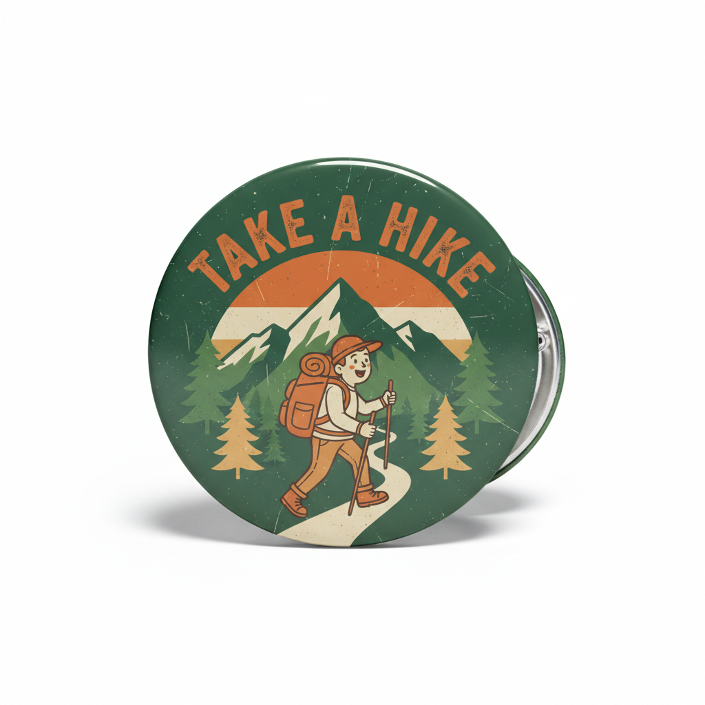 2.25-inch Take a Hike pinback button with hiker cartoon, trees and mountain graphic