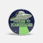 Round enamel lapel pin: blue space, green UFO, 'Take Me To Your Leader' text