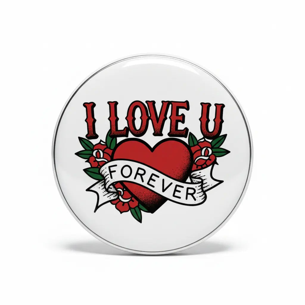 Tattoo-style pinback button: red heart with “I LOVE U” and banner “FOREVER,” round chrome edge