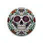 Tattoo-style sugar skull pinback button, round with colorful floral details