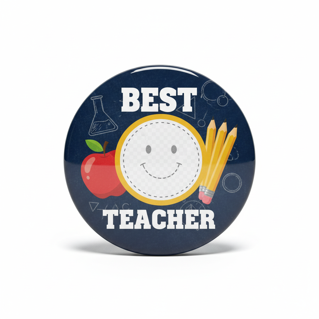 Round 2.25-inch pinback button with smiling face and "BEST TEACHER" text