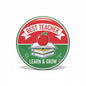 Teacher pinback button, circular red/green design with apple, books, 'Best Teacher'.