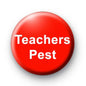Red pinback button with "Teachers Pest" text