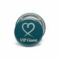 Teal heart VIP Guest pinback button with heart icon and metal clasp backing