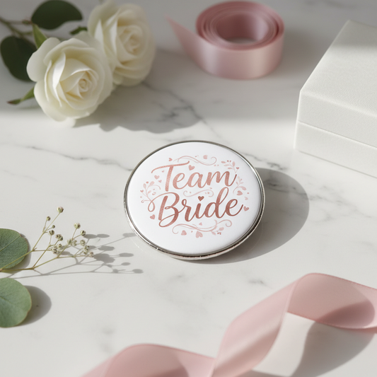 Team Bride round pinback badge with pink 'Team Bride' lettering