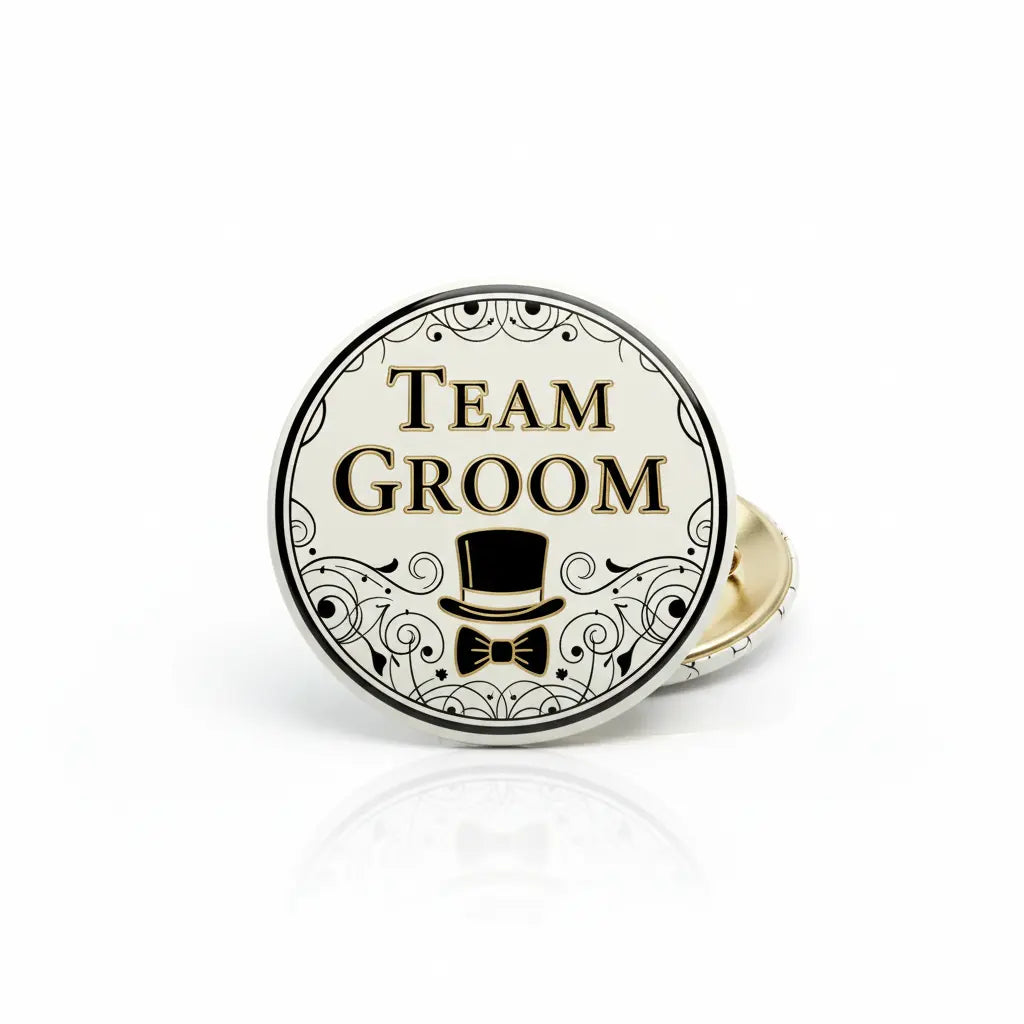 2.25-inch round Team Groom pinback button with top hat and bow tie design