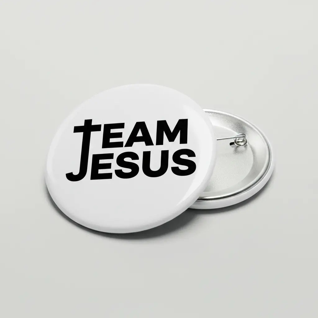 Team Jesus pinback button, 2.25-inch round white button with TEAM JESUS text and metal pin back