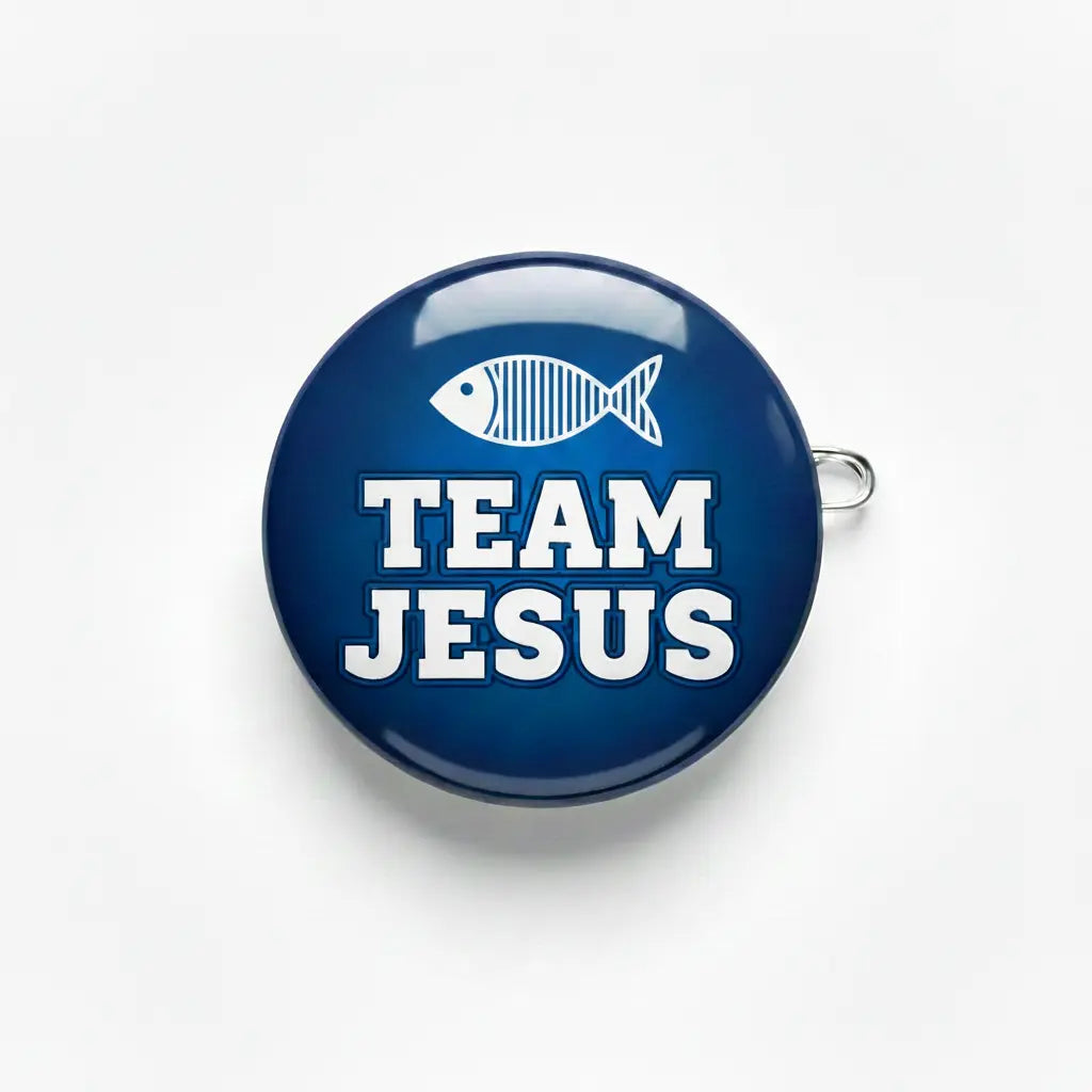 Blue round Team Jesus fish pinback with silver safety clasp
