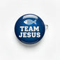 Blue round Team Jesus fish pinback with silver safety clasp