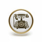 Antique-style telephone pinback button with gold rim, round design, 2.25-inch