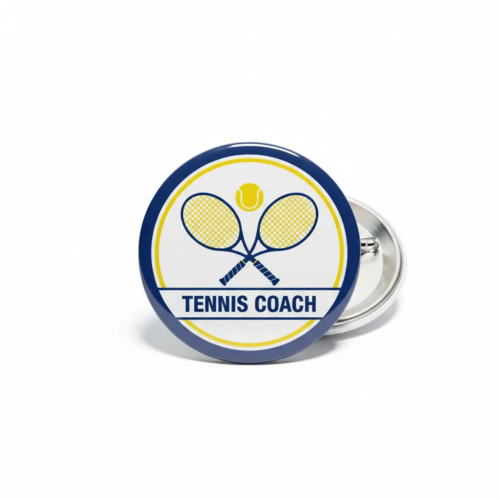 Round tennis coach enamel pin with blue border, crossed yellow rackets, and lightbulb icon