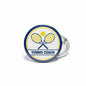 Round tennis coach enamel pin with blue border, crossed yellow rackets, and lightbulb icon