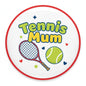 Tennis Mum pinback badge, circular design with tennis racket and ball icon