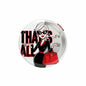 Round silver pinback button with stylized woman in black and red outfit