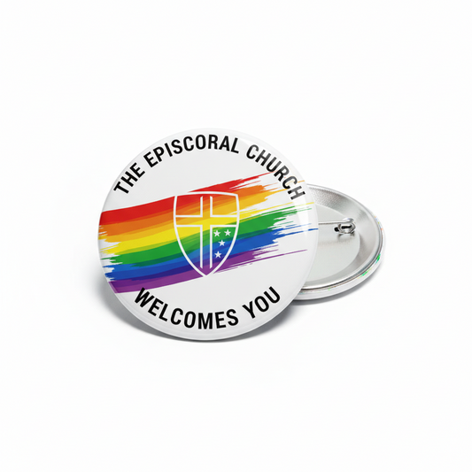 Rainbow heart-cross pinback button; text reads 'The Episcopal Church Welcomes You'