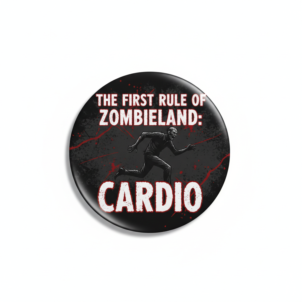 Button badge with text 'The first rule of Zombieland: Cardio' on a black background