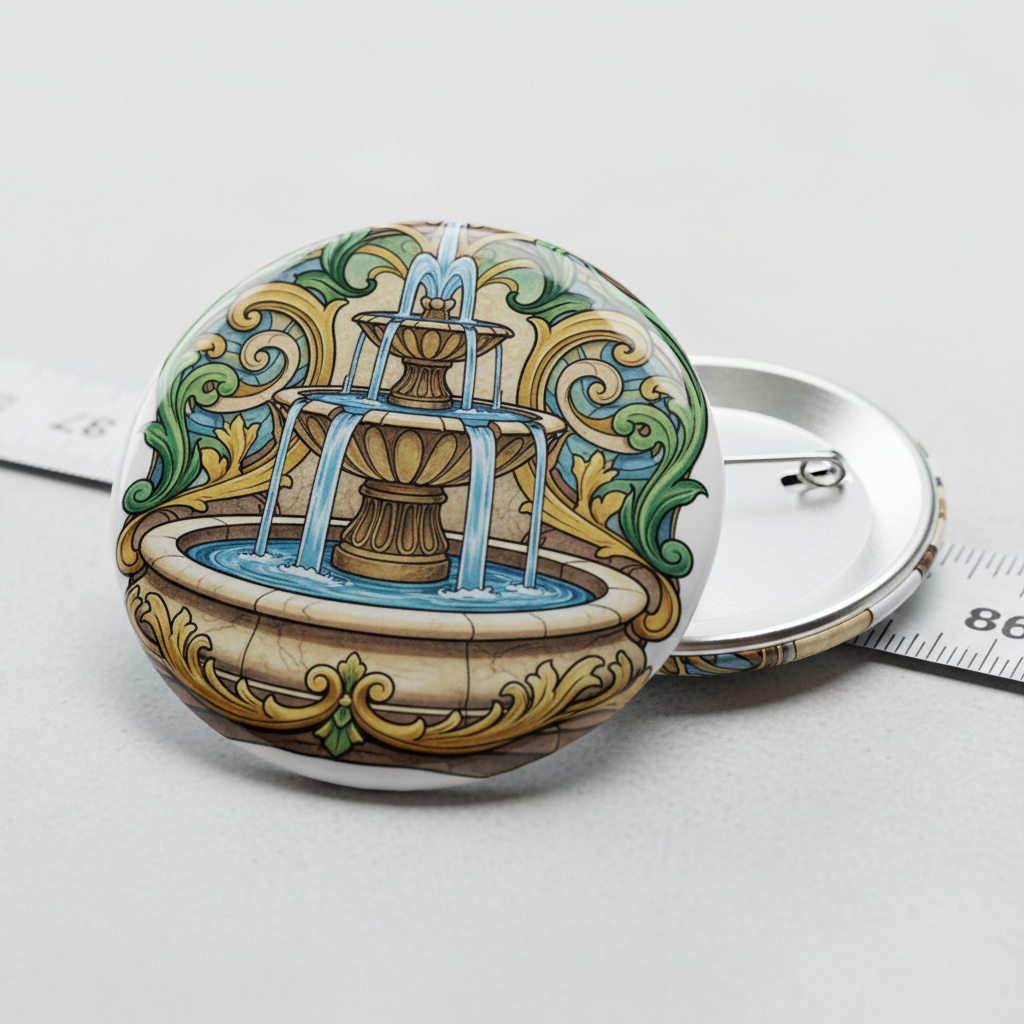 2.25-inch pinback button with colorful illustrated fountain in ornate border