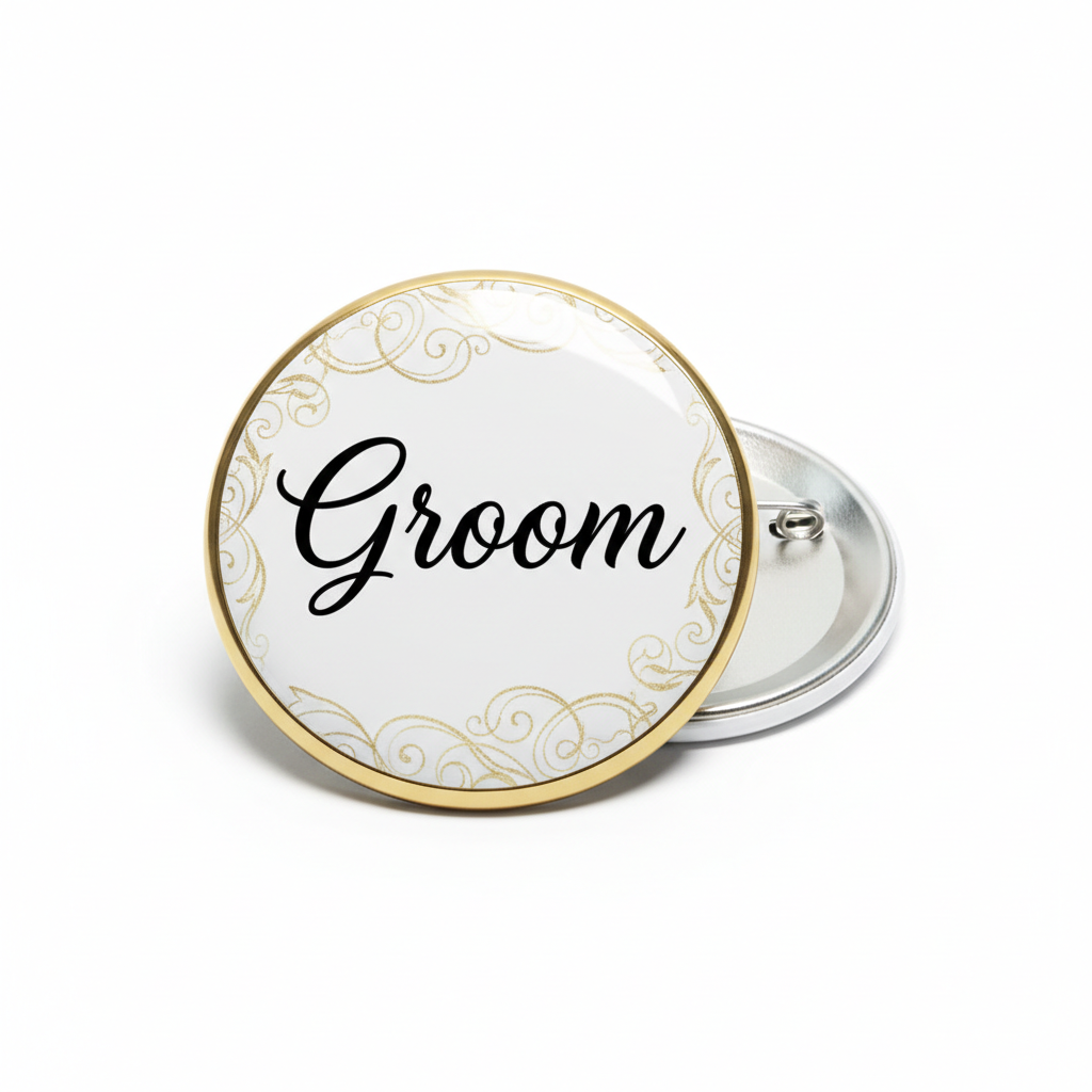 Round groom-themed pinback with black script 'Groom' and gold swirl border