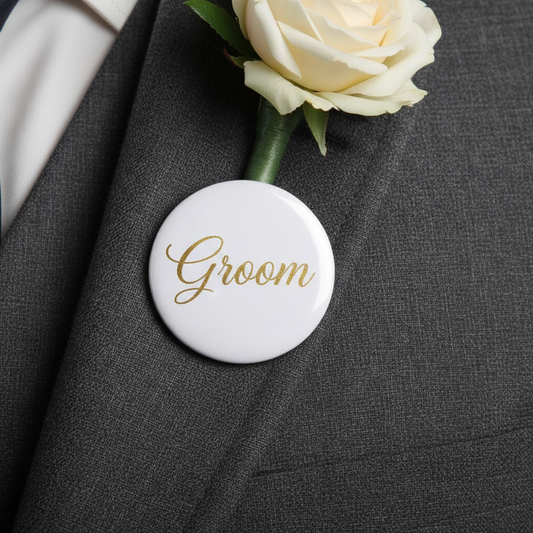 White round wedding pinback button with gold script Groom on front, 2.25-inch
