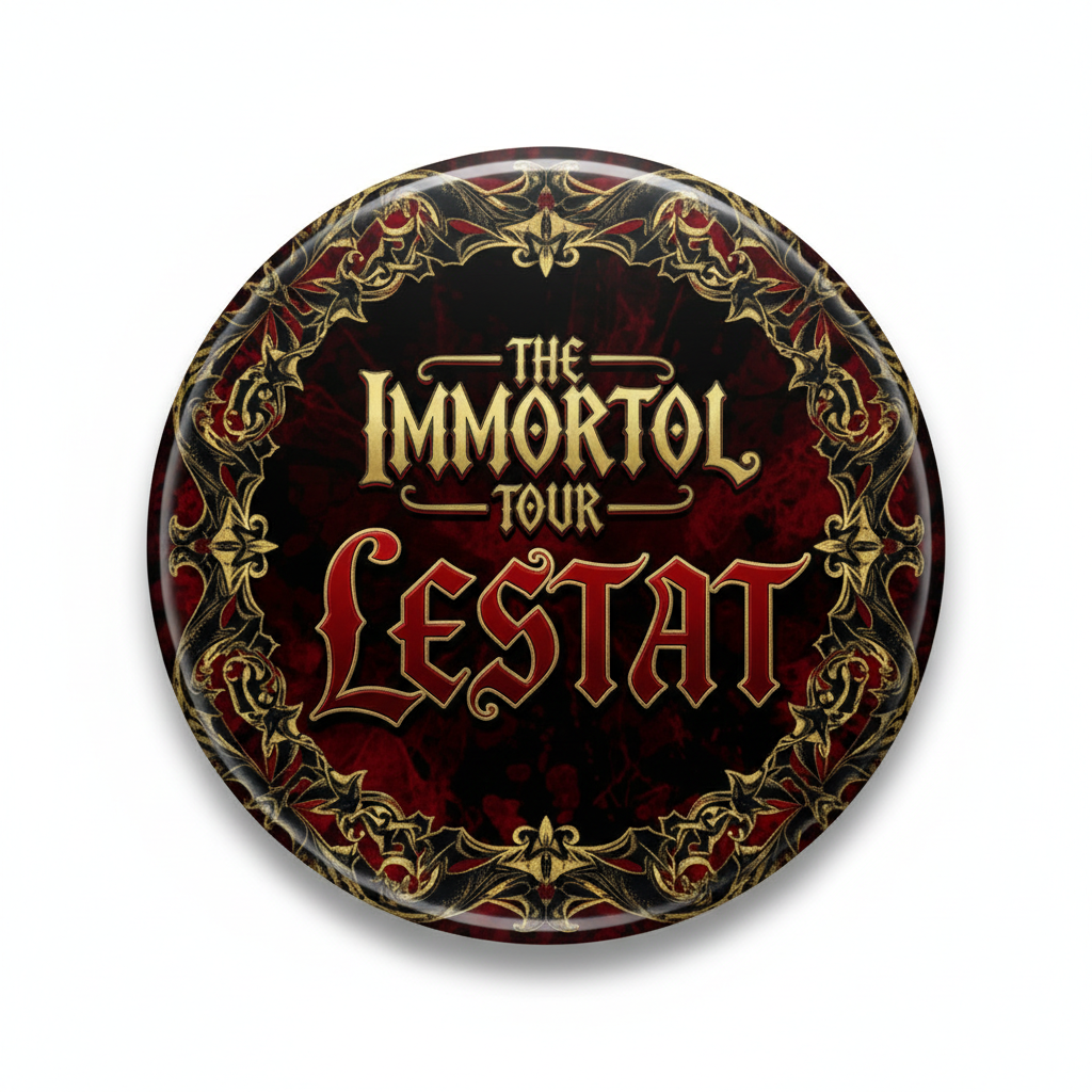 Round pinback button with gold 'The Immortal Tour' and 'Lestat' text on dark red