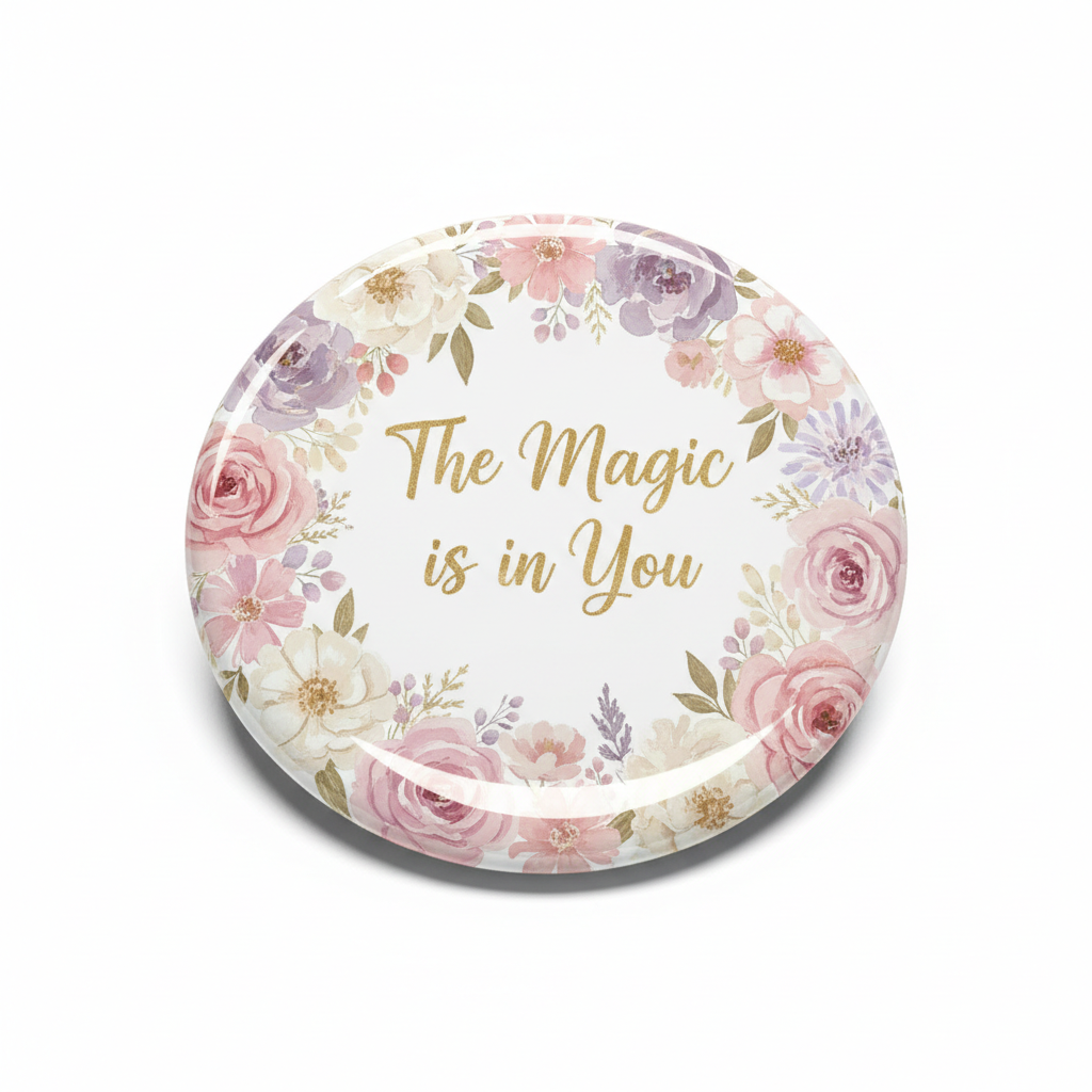 Round 2.25-inch pinback button with floral wreath and “The Magic is in You” text