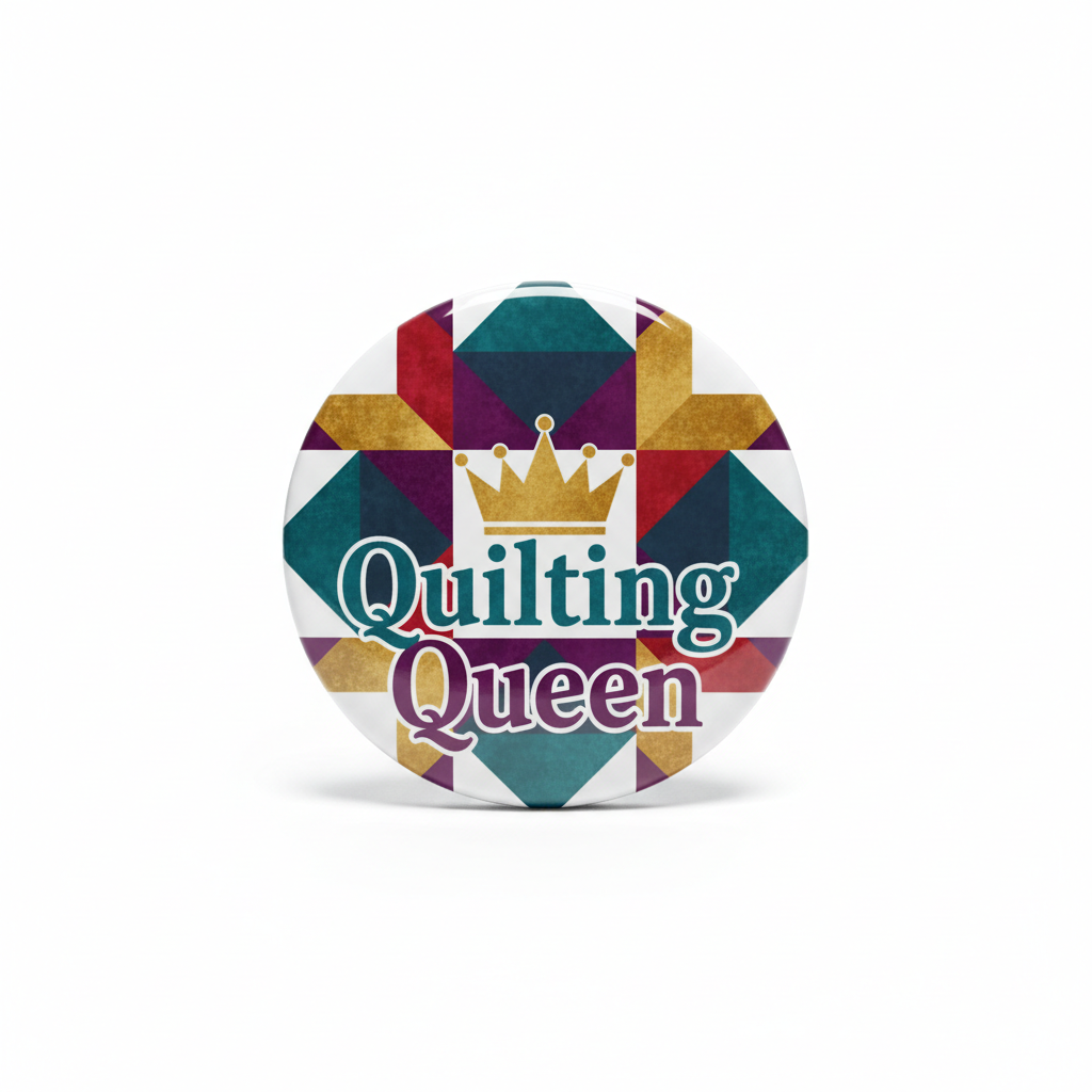 Quilting Queen pinback button with crown and 'Quilting Queen' text on geometric pattern