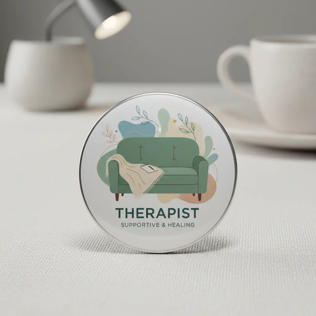 Therapist pinback button, round 2.25-inch metal with therapist illustration and "THERAPIST" text