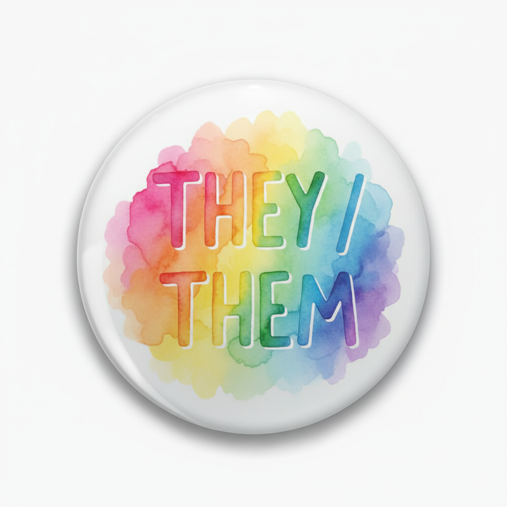 THEY THEM Pronouns Colorful Handletter Watercolor Pinback 2.25-inch