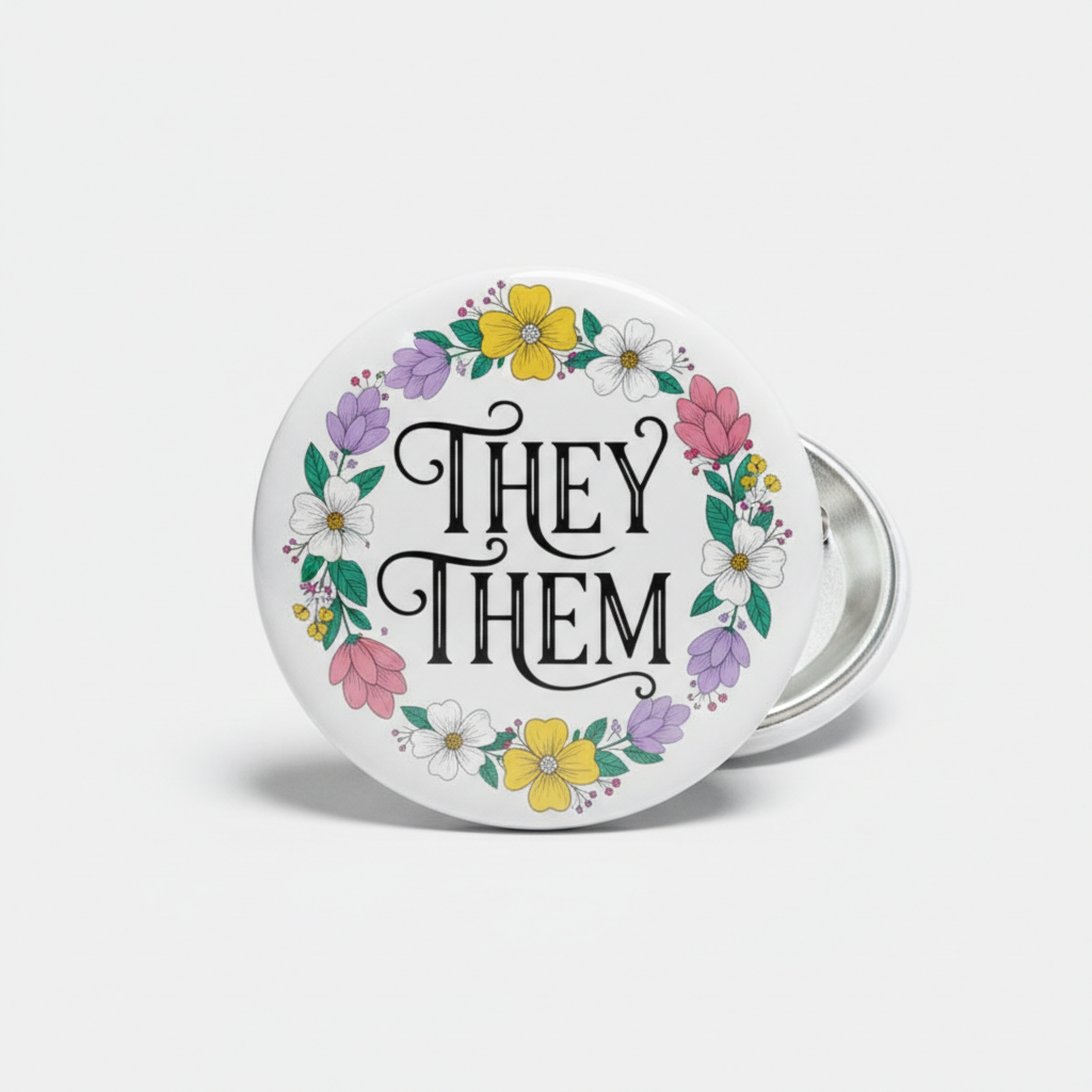 Pride pinback button with floral wreath and 'THEY THEM' lettering