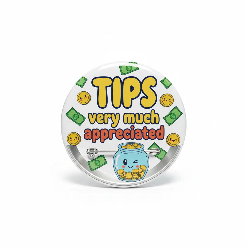 Round pinback button with TIPS text, cartoon money pot, smiley faces, and green bills