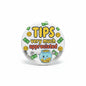 Round pinback button with TIPS text, cartoon money pot, smiley faces, and green bills