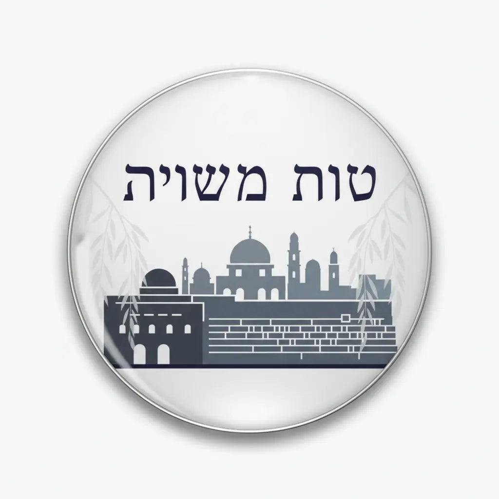 2.25-inch silver pinback button with white face, blue Hebrew text and mosque skyline