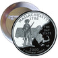 Massachusetts state quarter mint pinback button with 1788 Bay State design