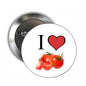 2.25-inch I Love Tomatoes pinback button with red heart and tomatoes on white face