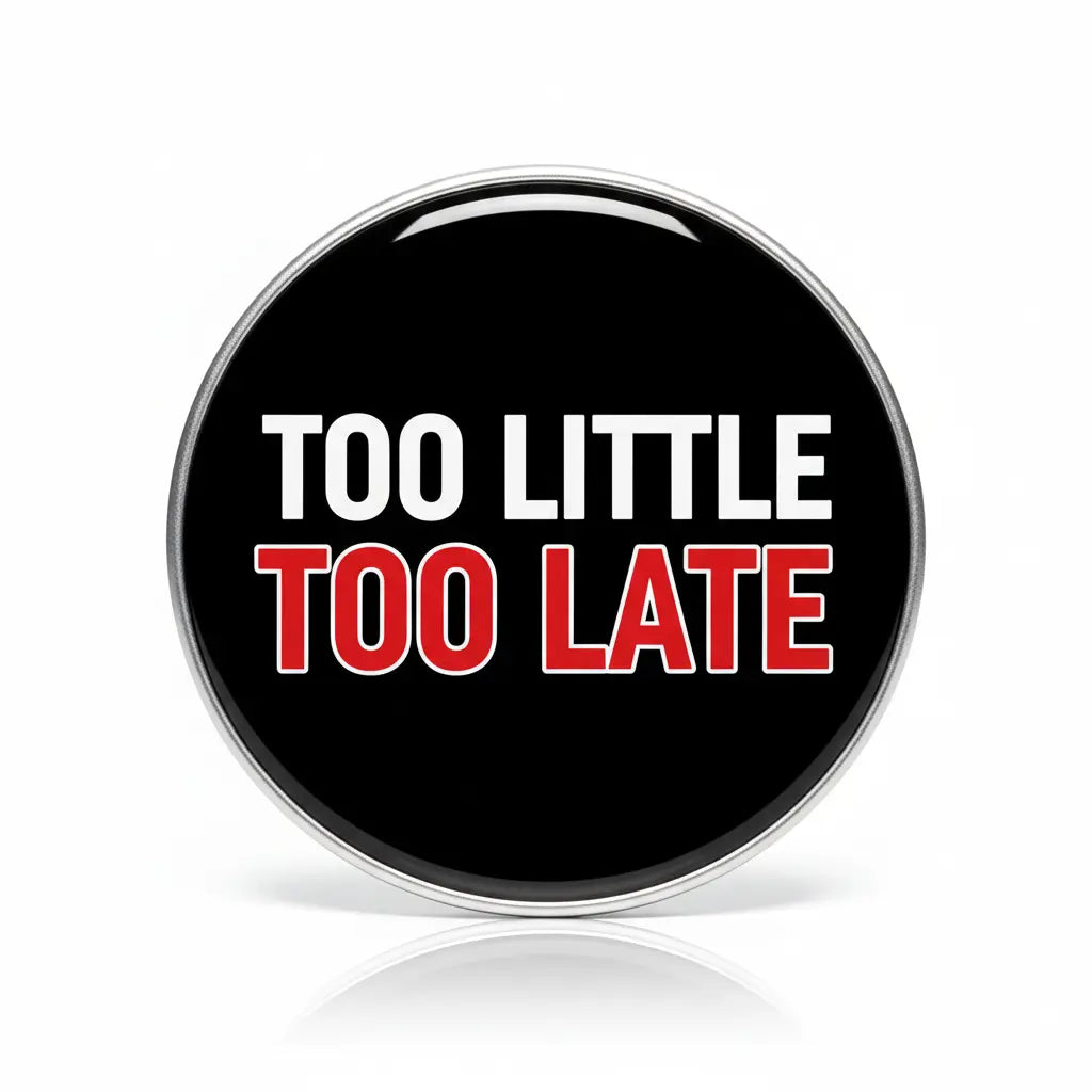 Round black pinback button with chrome edge and “TOO LITTLE TOO LATE” text in white/red