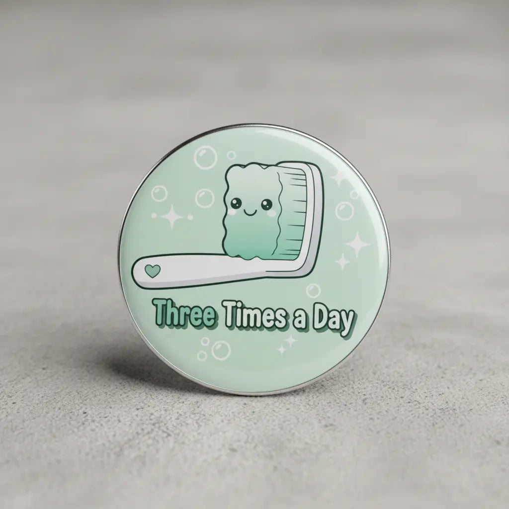 Round enamel-style pinback button with cute toothbrush bear and text “Three Times a Day”