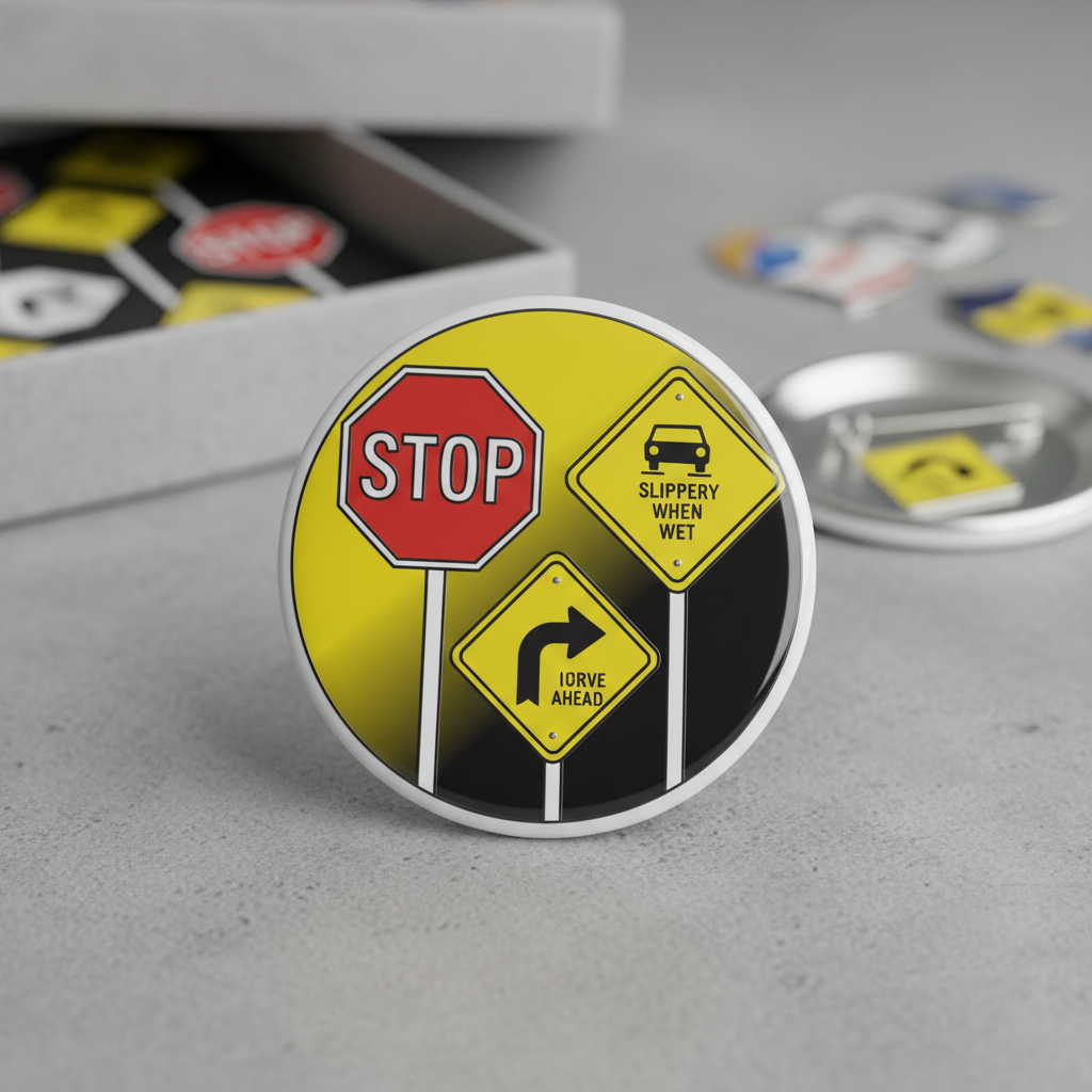 Traffic Road Signs Caution Stop 12 Pcs Set Pinback 1.25-inch
