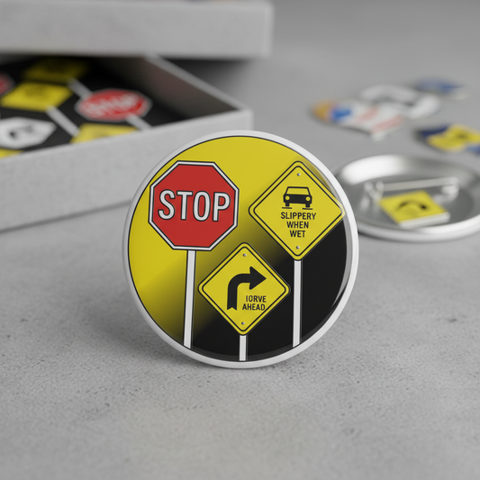 Traffic Road Signs Caution Stop 12 Pcs Set Pinback 1.25-inch