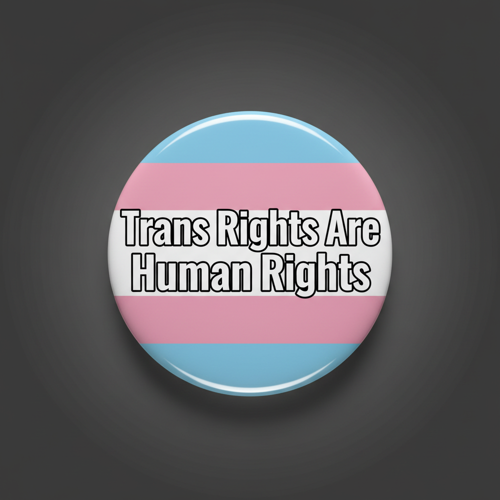 Round pride pin with blue and pink stripes; text “Trans Rights Are Human Rights”