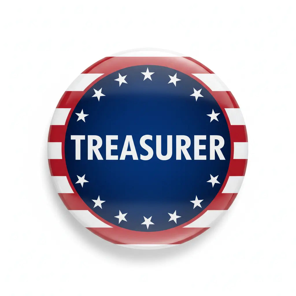 2.25-inch pinback button with red, white, and blue stars and 'Treasurer' text