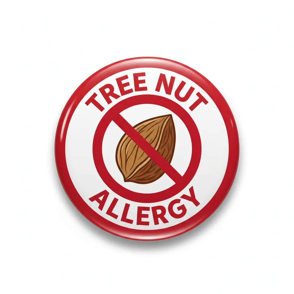 Red tree nut allergy Pin Button with crossed nut icon and white “TREE NUT ALLERGY” text