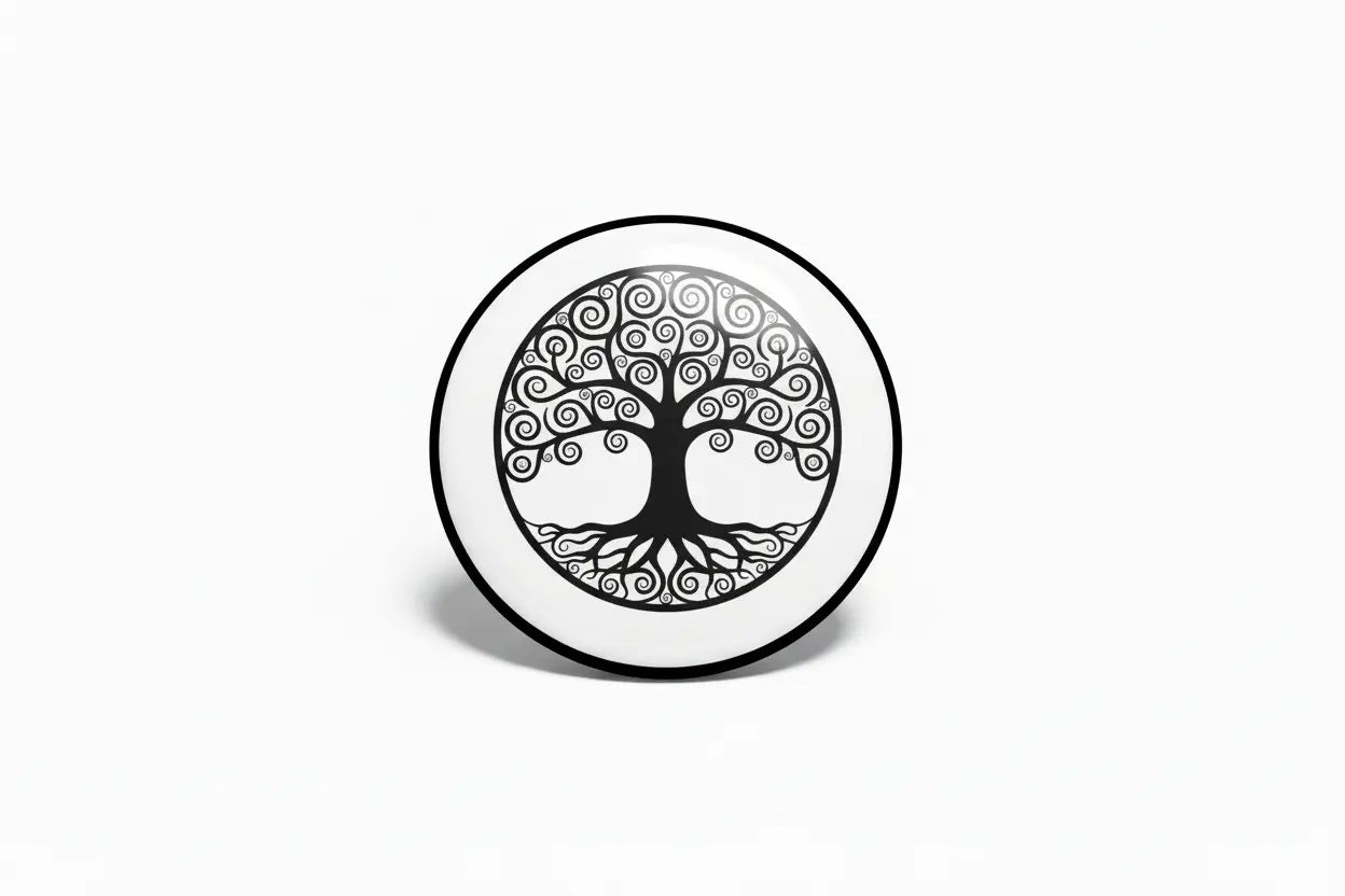 Retractable badge reel, black circle housing with Tree of Life tree emblem.