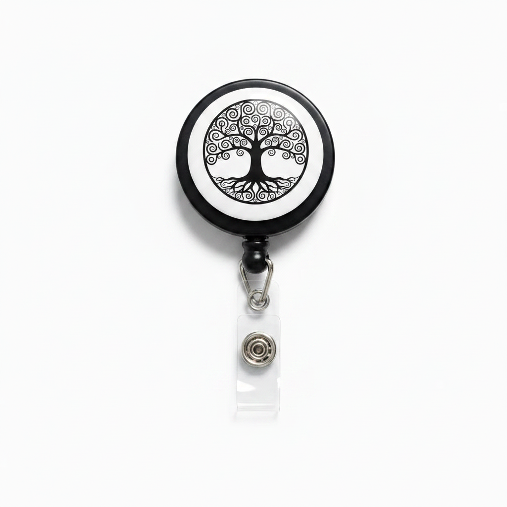 Retractable badge reel with Tree of Life emblem and metal lanyard clip, reel extended.