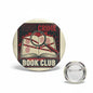 Round pinback button with magnifying glass over open book graphic