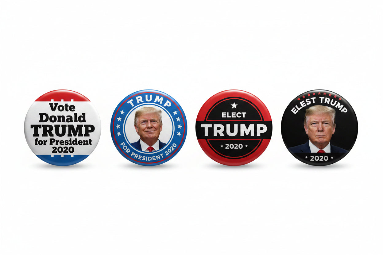 Four political pinback buttons featuring Donald Trump for President 2020, shown on a plain white background.