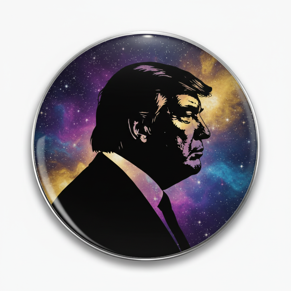 2.25-inch round pinback button with black profile of a man and colorful galaxy background