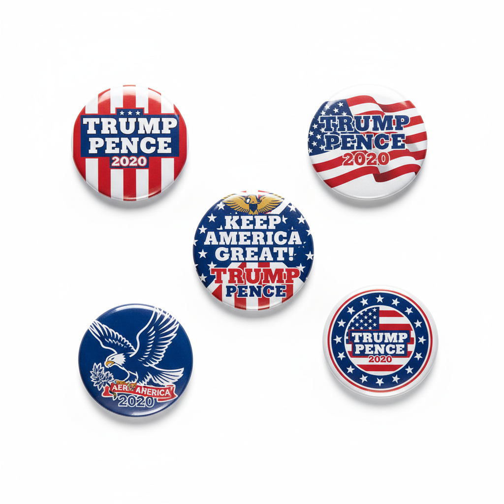 Five round political button badges featuring Trump-Pence campaign designs and slogans on a plain white background.