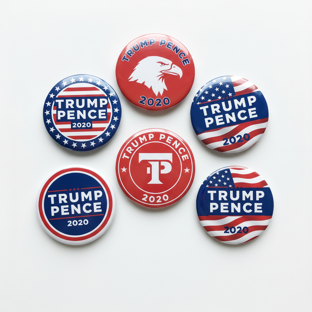 Six round political button badges featuring Trump Pence 2020 designs, arranged on a light gray background. The badges use red, white, and blue with designs including an eagle head, stars, stripes, and a central 'TP' monogram.