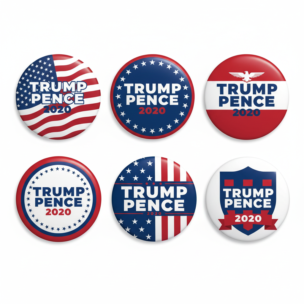 Six round political button badges featuring the text 'TRUMP PENCE 2020' in patriotic red, white, and blue designs, arranged on a light gray background.
