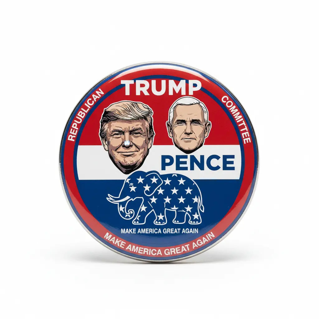 Trump Pence elephant pinback button with circular red, white, and blue design